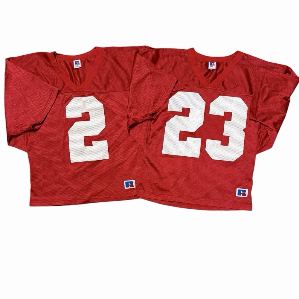 (2) Vintage Russell Athletic Mesh Football Jersey Men's Medium Red Cropped USA